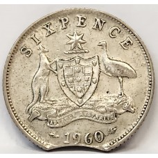 AUSTRALIA 1960 . SIXPENCE . ERROR . CLIPPED PLANCHET AT THE BASE